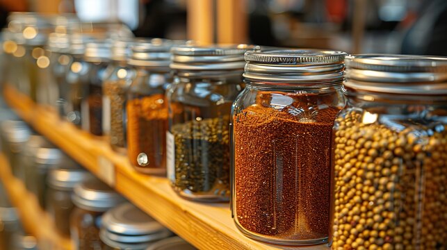 Close-up of a kitchen with a collection of spices in glass jars.