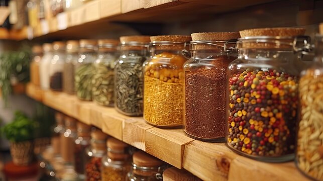 Close-up of a kitchen with a collection of spices in glass jars.