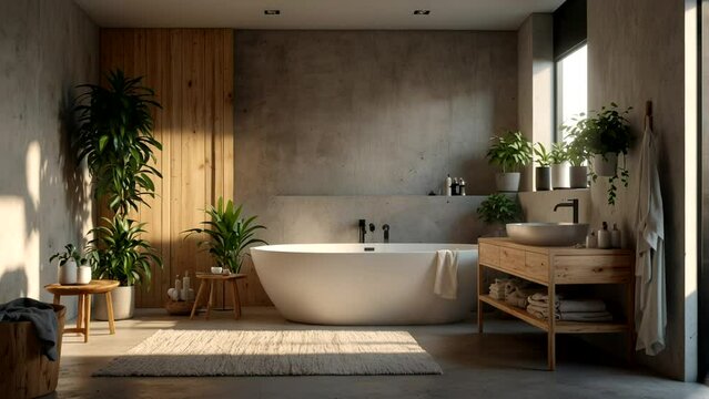 Front view on dark bathroom interior with bathtub, shower, grey walls, concrete floor, shelf with shampoo, stool with towels, liquid soap. 3d rendering