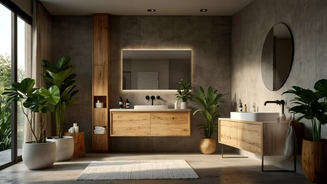 Gray bathroom sink standing on a wooden shelf. A square mirror hanging on a gray wall. A side view. 3d rendering