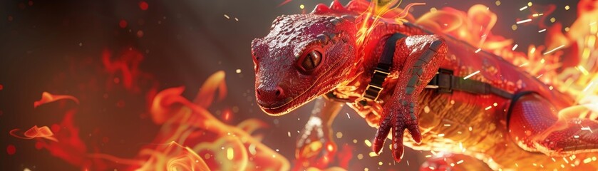 Naklejka premium A heroic salamander in a bright red fireproof suit, bravely navigating through flames, depicted in 3D
