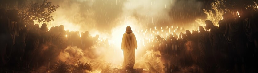 3D render of the Transfiguration of Jesus with radiant light, dramatic moody lighting, detailed...
