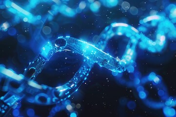 Chromosome structure glowing in blue, selective focus, genetic engineering, futuristic, composite, hightech lab backdrop