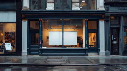 In a bustling cityscape, a blank storefront awaits transformation into a professional hub for mockup creation and delivery food services.