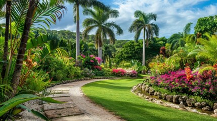 Obraz premium Tranquil Tropical Garden Paradise with Colorful Flowers, Palm Trees, and Serene Pathway