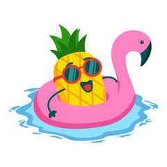 illustration of pineapple mascot character using flamingo swimming float