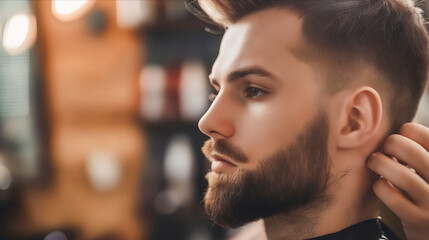 A man getting his hair cut in a barbershop.