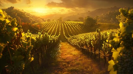 Fototapeta premium Serene Pathway through a Golden Vineyard Landscape with Endless Rows of Grapevines in Warm Sunlight