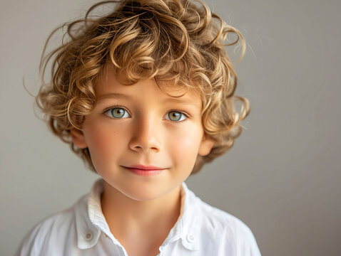 A young boy with curly hair looking at the camera.