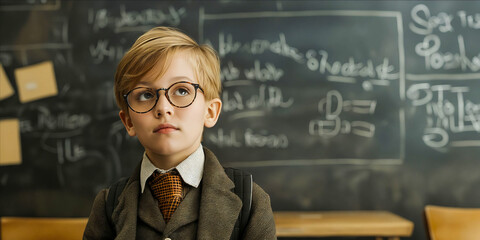 A young boy in glasses standing in front of a blackboard.
