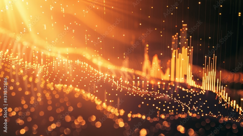 Wall mural abstract glowing data visualization with orange lights and digital waveforms, representing technolog