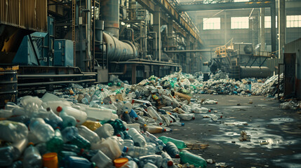 Plastic waste in a factory, piles of used bottles and plastic bags scattered around, large machines in the background, Ai generated Images