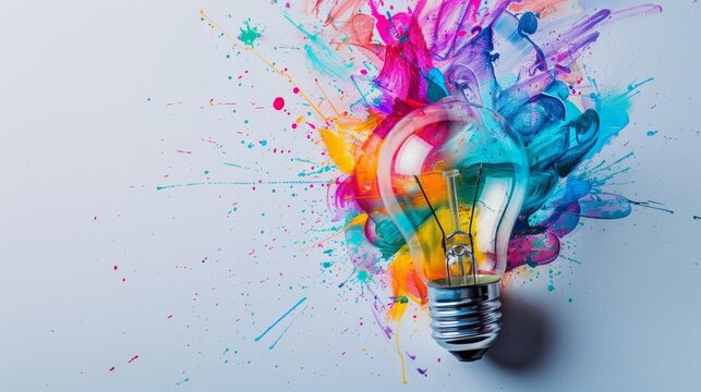 Colorful splashes bursting from a lightbulb on a white background, symbolizing creativity and inspiration.