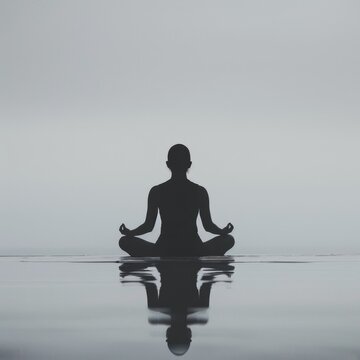 Silhouette of a person meditating on calm waters, reflecting peacefulness and tranquility in a serene natural setting.