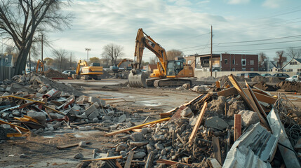 Construction and demolition waste at the project site, piles of concrete rubble, wood and metal scattered around, heavy equipment and workers busy in the background, Ai generated images