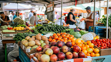 A market with a lot of fresh produce including apples, oranges, and tomatoes