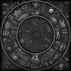 Naklejka premium a black & white circle of alien inscriptions telling a story, black background, wall texture