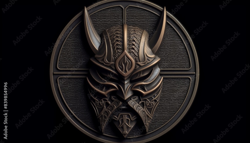 Wall mural a samurai mask icon bronze military challenge coin, black textured background