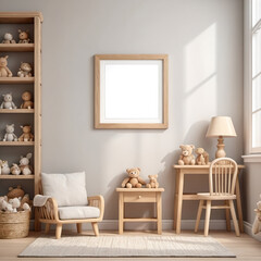 Mock up picture frame in children room interior background, neutral colours, 3D render