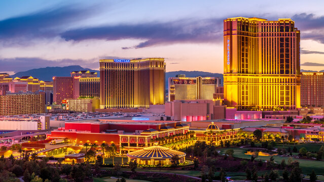 Las Vegas, Nevada USA - May 24 2024: Aerial night view of the Venetian hotel