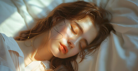 Fototapeta premium A woman is sleeping on a bed with her head tilted to the side