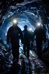 Obraz premium A man in a black suit is walking through a tunnel with two other people. The tunnel is dark and the man is wearing a helmet