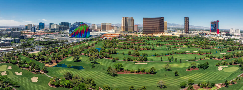 Las Vegas, Nevada USA - May 24 2024: Aerial view west across Wynn Golf Club towards the Wynn hotel