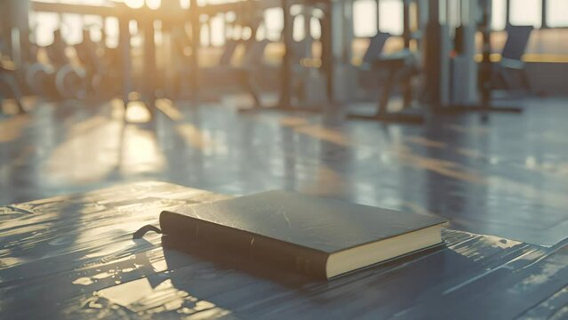 A fitness book mockup with a motivational cover, set in a gym environment with workout equipment