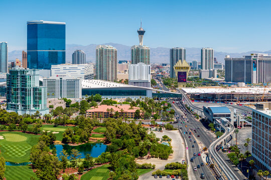 Las Vegas, Nevada USA - May 24 2024: Aerial view looking north east across Wynn Golf Club towards the convention center