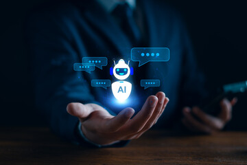 AI chat bot technology concept, business man using technology smart robot AI Intelligence, command...