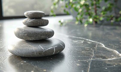 Beautiful composition with spa stones on grey marble table : Generative AI