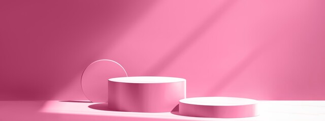 Empty pink podium in minimal style. Stage showcase in pastel color. Product display.