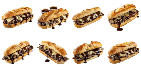 Set of French Dip Sandwich With Au Jus isolated on transparent png background. Generative ai