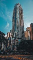 Naklejka premium A tall building with numerous windows stands proudly on the corner, its facade adorned with glass panels, creating a symmetrical appearance in the city skyline.