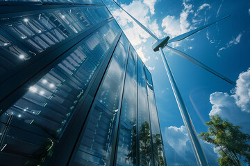 Low angle image of a wind turbine next to a server compound, representing the growing need of green energy sources in the technology and artificial intelligence sectors