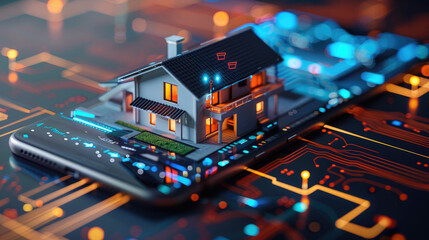 Smart Home Technology Concept - House Model on Smartphone with Circuit Board Background