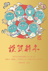 年賀状2025　年賀2025　七福神　巳年　巳　へび　蛇　手描き　日本画　水彩　かわいい　イラスト