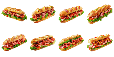 Set of Italian Sub Sandwich With Salami And Ham isolated on transparent png background. Generative ai