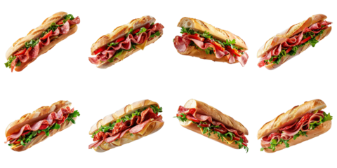 Set of Italian Sub Sandwich With Salami And Ham isolated on transparent png background. Generative ai