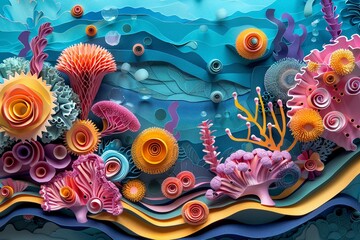 Beautiful paper art 3D underwater scene with coral reef, Bright pastels, Layered textures, Vibrant aquatic landscape