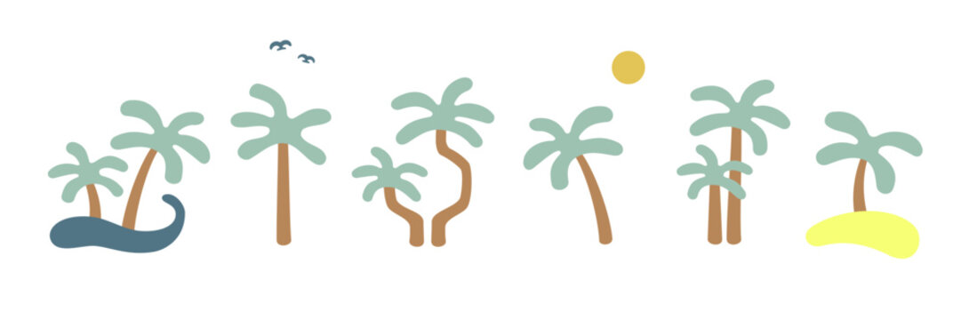 boho groovy palm tree beach sun sea. Surf club vacation and sunny summer day aesthetic. Vector illustration background in trendy retro naive simple style. Pastel yellow blue braun collors