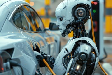 Fototapeta premium Futuristic Robot Charging Electric Car at Modern Vehicle Charging Station