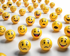 Obraz premium Many yellow balls with smiling faces. Social media and communications concept background