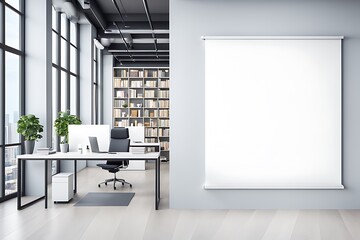 Fototapeta premium Modern Light Office with Blank Mockup Banner, Shelves, and City View 3D Rendering