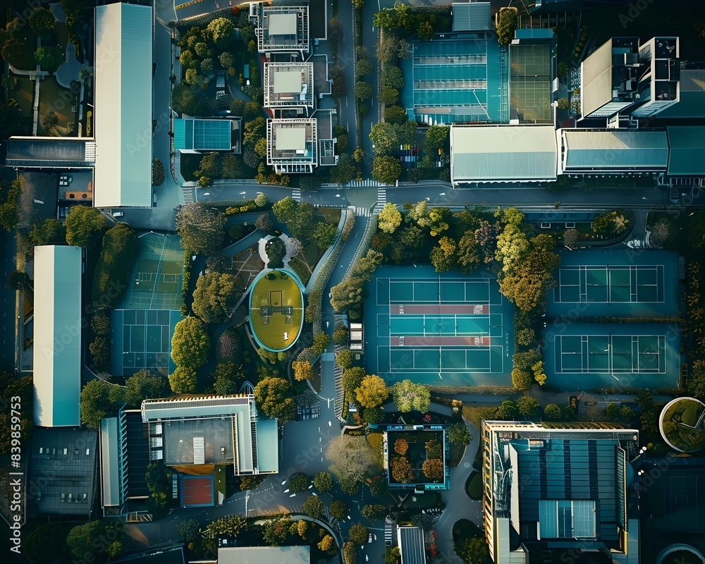 Poster aerial perspective of a cutting edge cloud computing campus with interconnected data centers and con