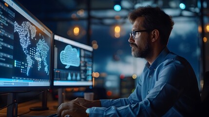 IT Professional Configures Advanced Cloud Computing Solutions on Multiple Screens