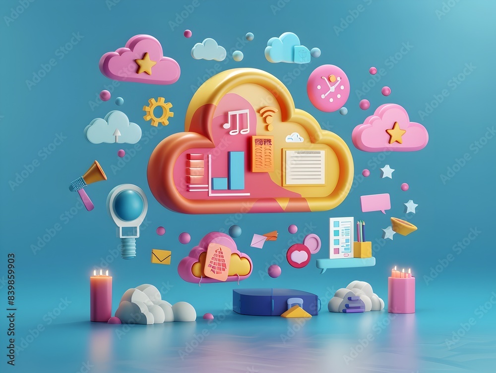 Poster animated cloud based educational platform with floating virtual learning resources in the sky