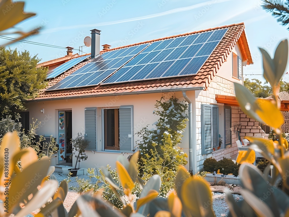 Poster solar panels installed on suburban home for renewable energy and sustainability