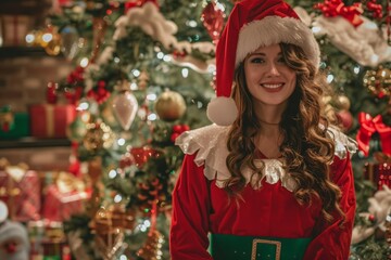 smiling woman in santa hat and dress in front of christmas tree