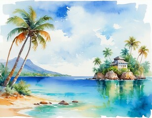 Watercolor illustration of a tropical island with palm trees and crystal-clear waters.
